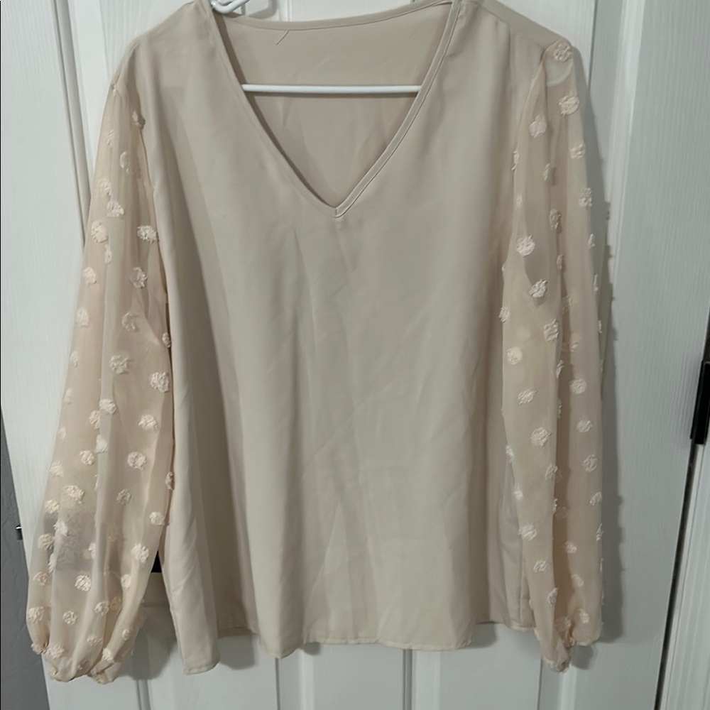 SHEIN Cream Embellished Long Sleeve Blouse